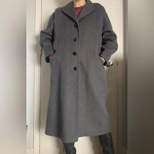 Vintage Virgin Wool Long Coat Structured 80s Maxi Dark Academia Gray L